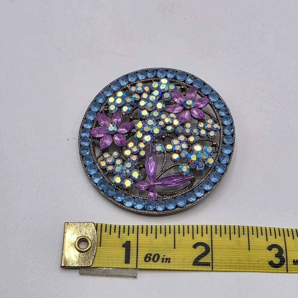 Vintage Style Floral Round Brooch AB Rhinestone Purple Blue Crystal Pin‎ 2 Inch